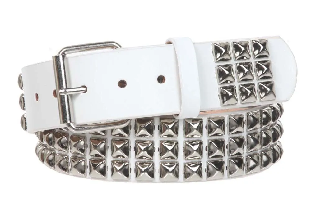 1 3/4" Snap On Three Row Punk Rock Star Metal Silver Studded Solid Leather Belt