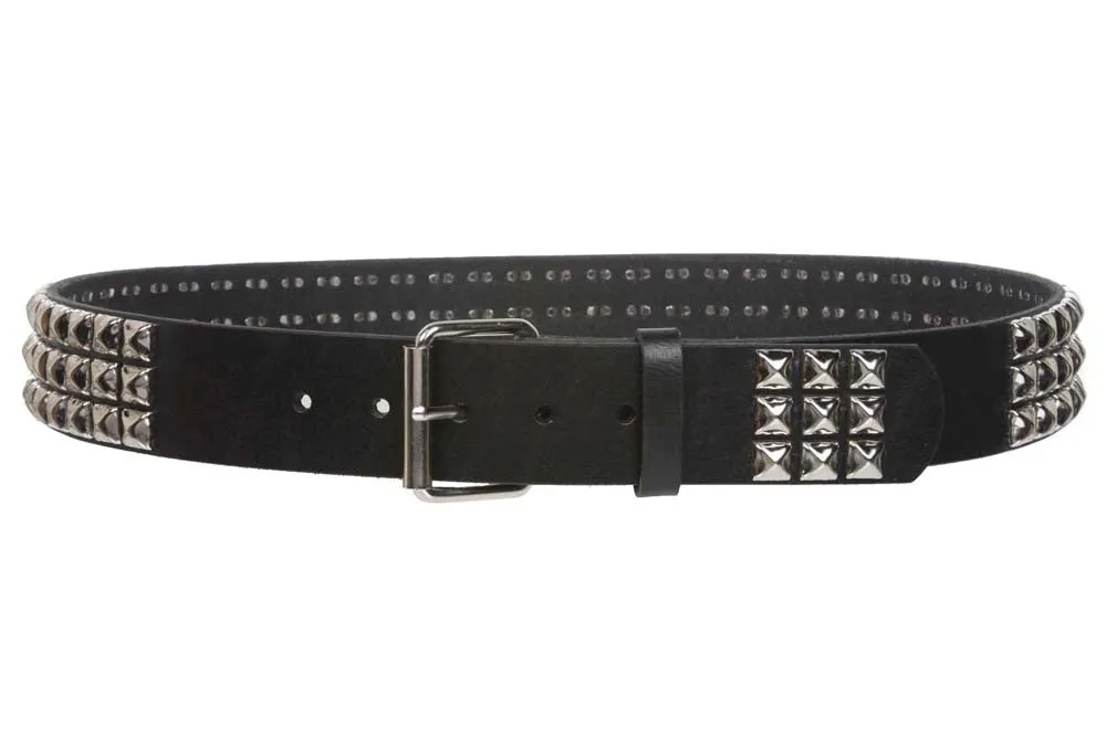 1 3/4" Snap On Three Row Punk Rock Star Metal Silver Studded Solid Leather Belt