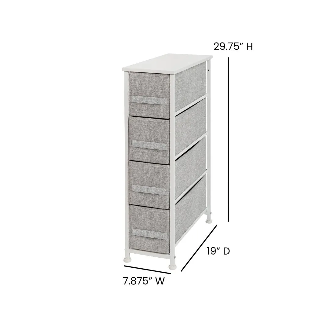 4 Drawer Slim Wood Top Cast Iron Frame Dresser Storage Tower with Light Gray Easy Pull Fabric Drawers