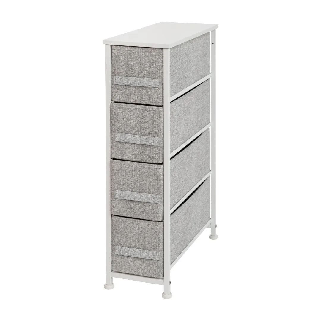 4 Drawer Slim Wood Top Cast Iron Frame Dresser Storage Tower with Light Gray Easy Pull Fabric Drawers
