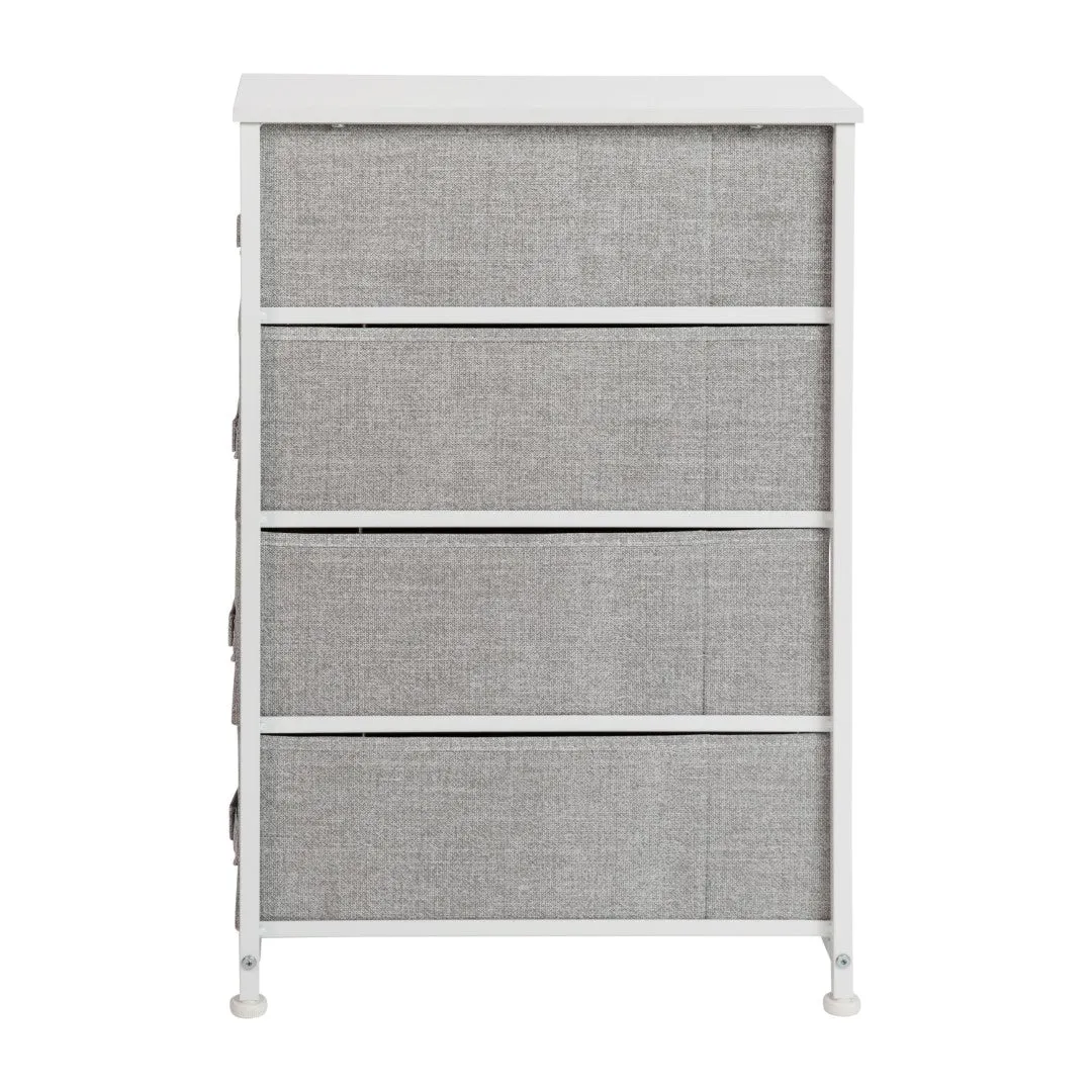 4 Drawer Slim Wood Top Cast Iron Frame Dresser Storage Tower with Light Gray Easy Pull Fabric Drawers