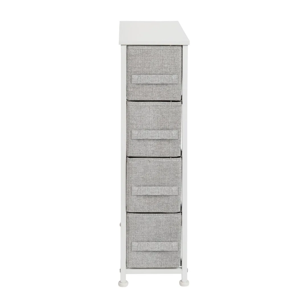 4 Drawer Slim Wood Top Cast Iron Frame Dresser Storage Tower with Light Gray Easy Pull Fabric Drawers