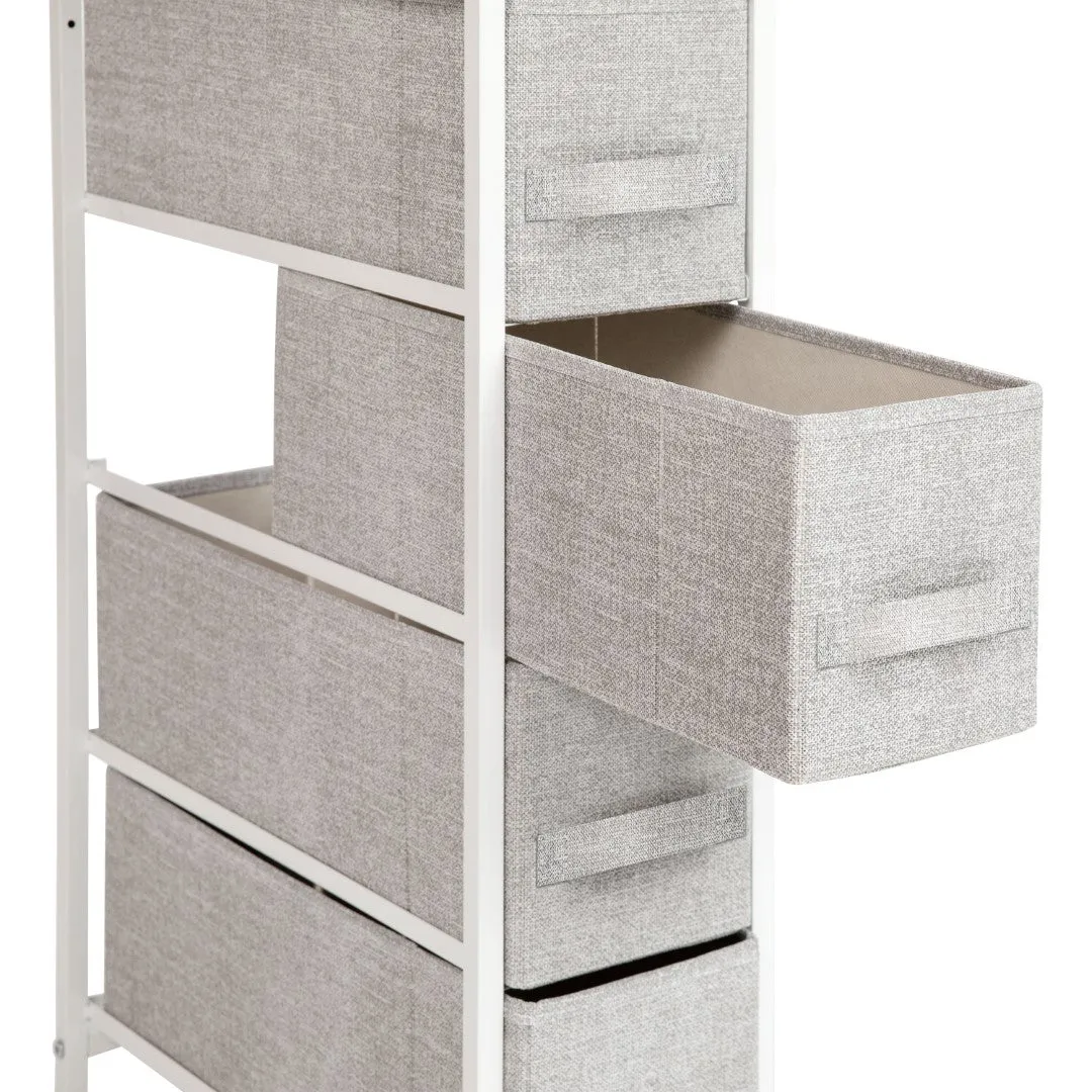 4 Drawer Slim Wood Top Cast Iron Frame Dresser Storage Tower with Light Gray Easy Pull Fabric Drawers