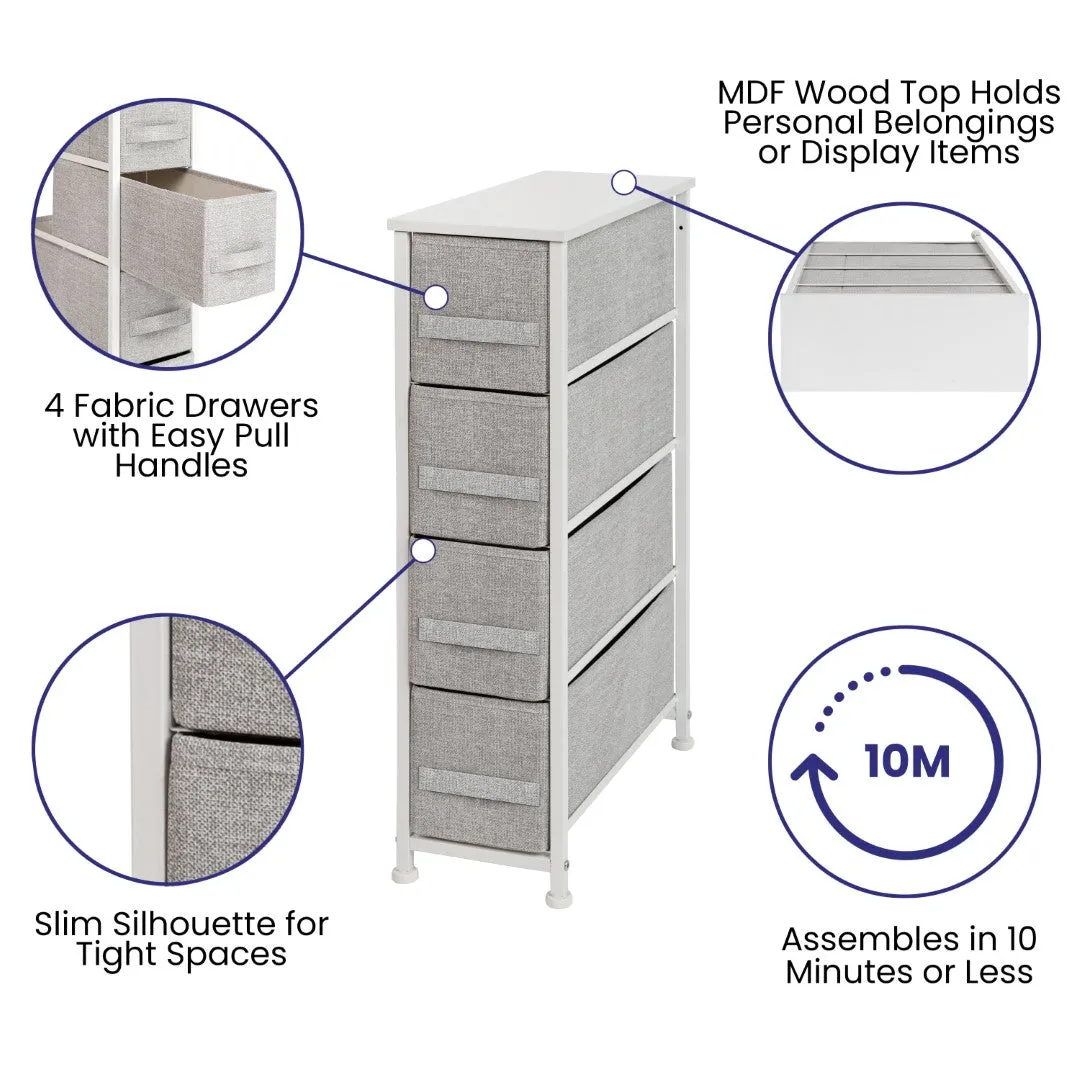 4 Drawer Slim Wood Top Cast Iron Frame Dresser Storage Tower with Light Gray Easy Pull Fabric Drawers