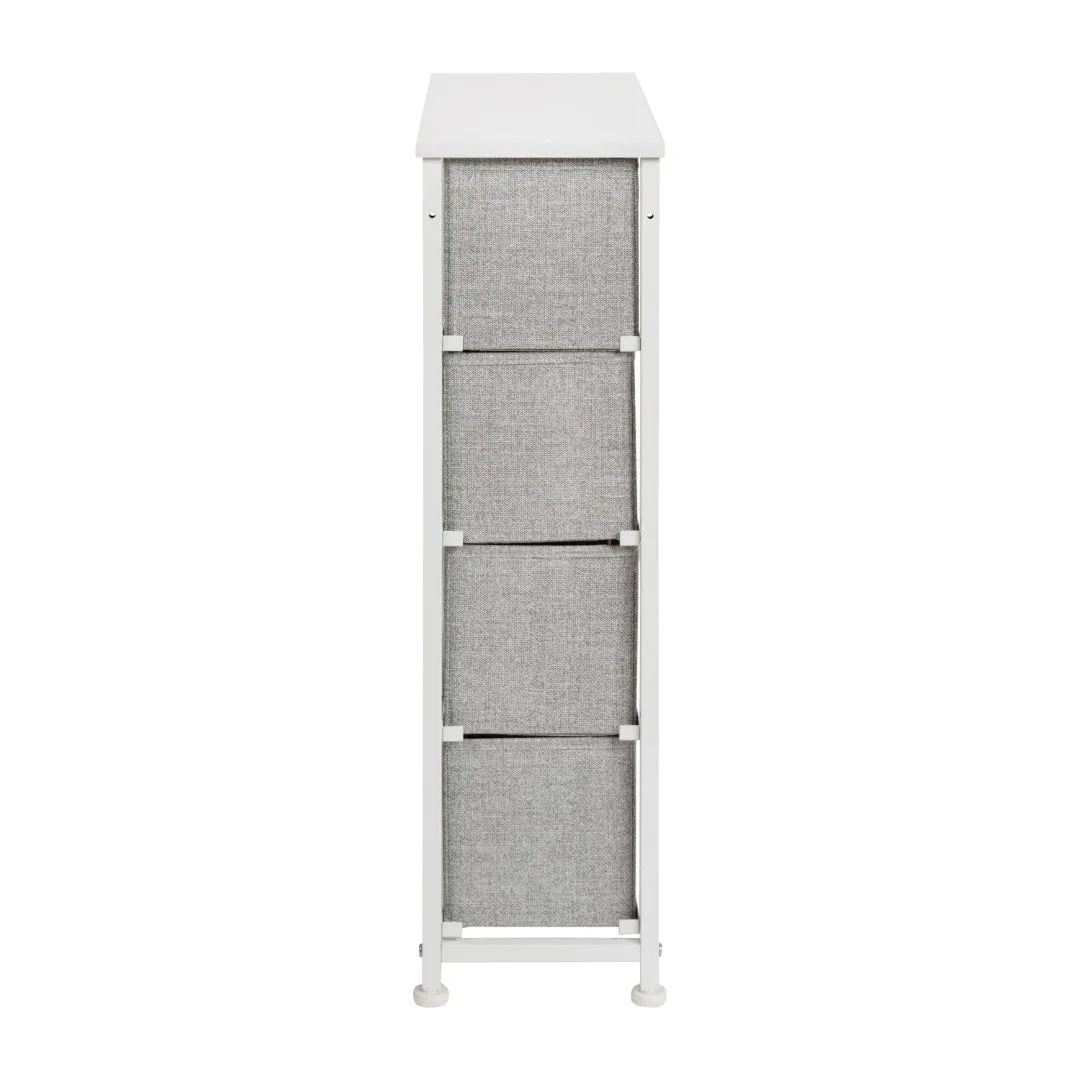 4 Drawer Slim Wood Top Cast Iron Frame Dresser Storage Tower with Light Gray Easy Pull Fabric Drawers