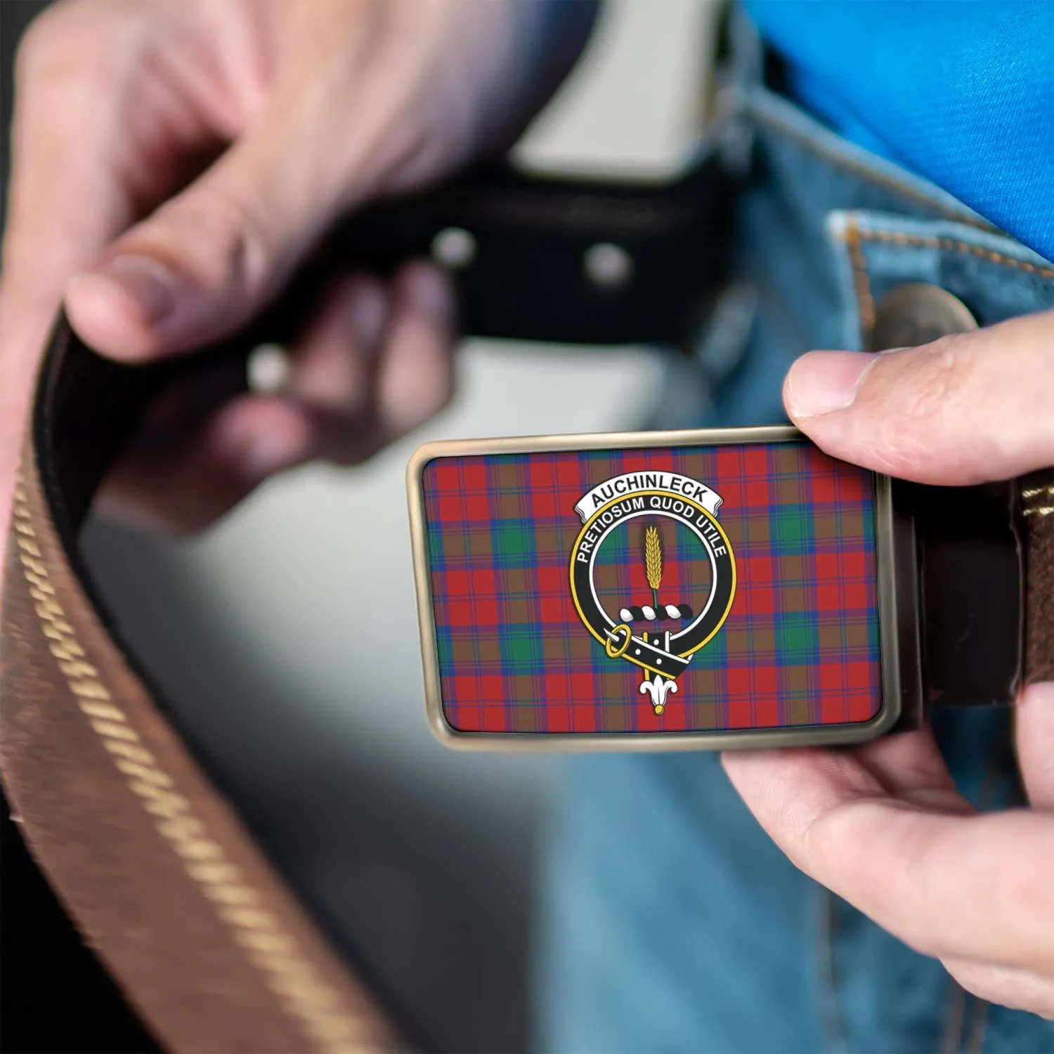 Auchinleck (Affleck) Tartan Belt Buckles with Family Crest