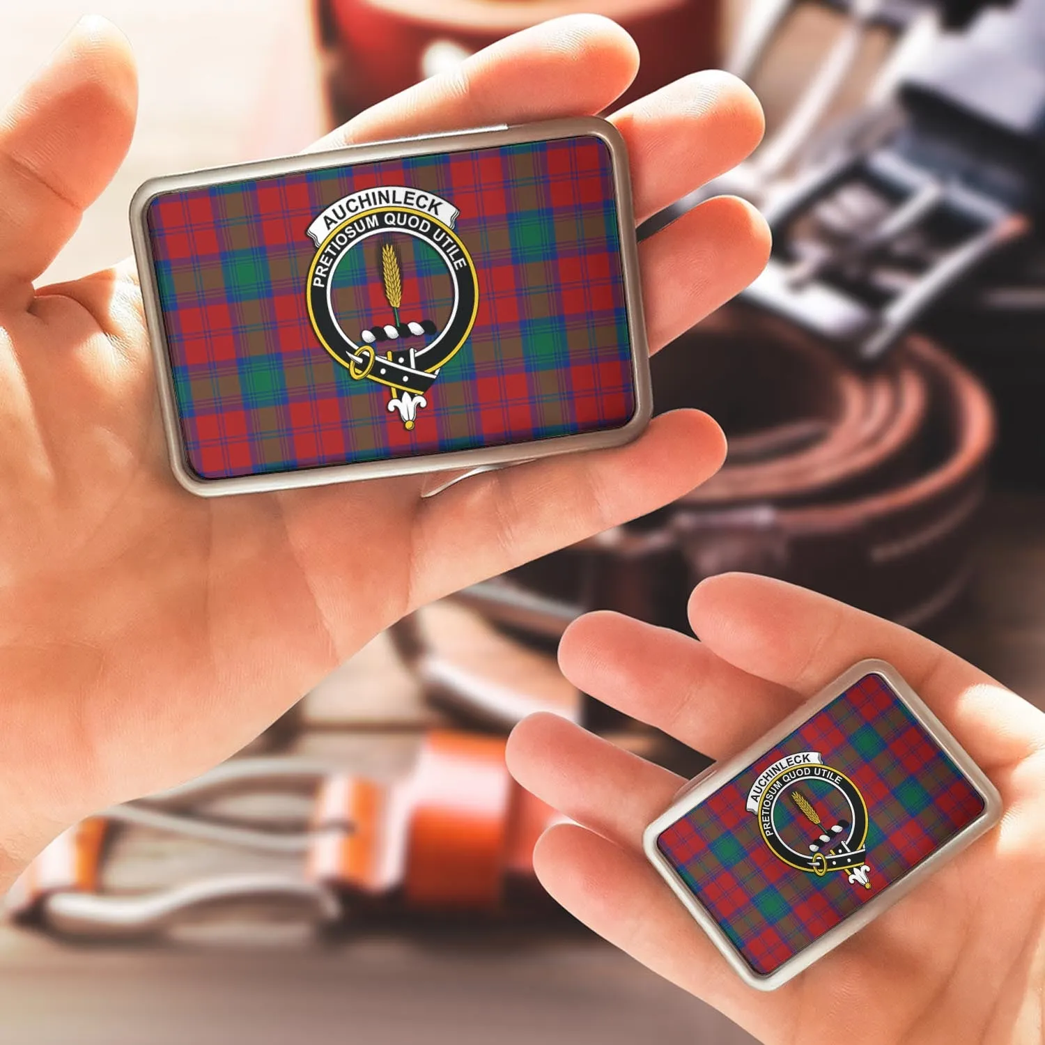 Auchinleck (Affleck) Tartan Belt Buckles with Family Crest
