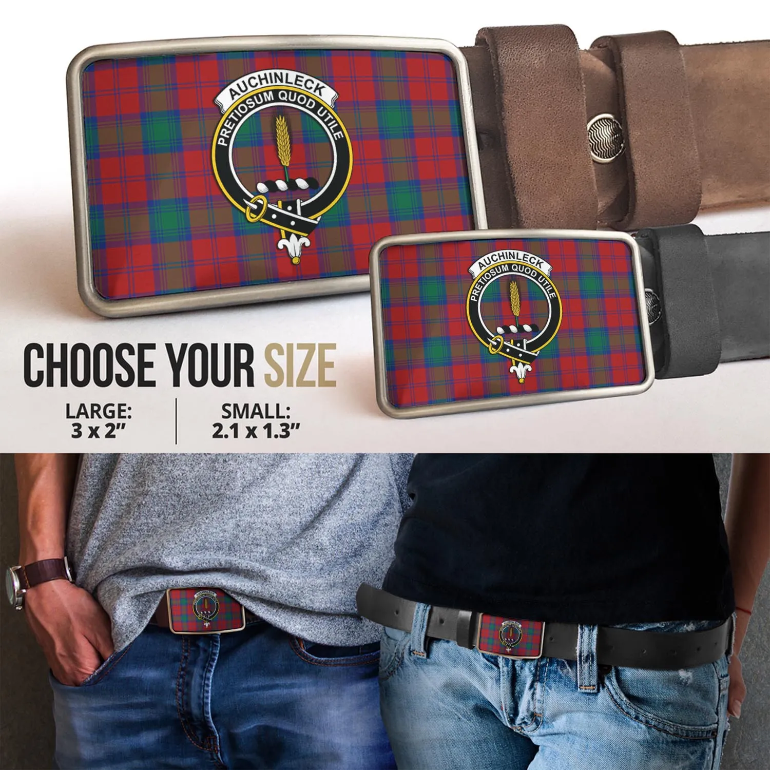 Auchinleck (Affleck) Tartan Belt Buckles with Family Crest