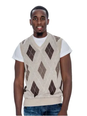 Beige-Tan Men's V-Neck Argyle Sweater Vest Knitwear Sleeveless Pullover STYLE-9907