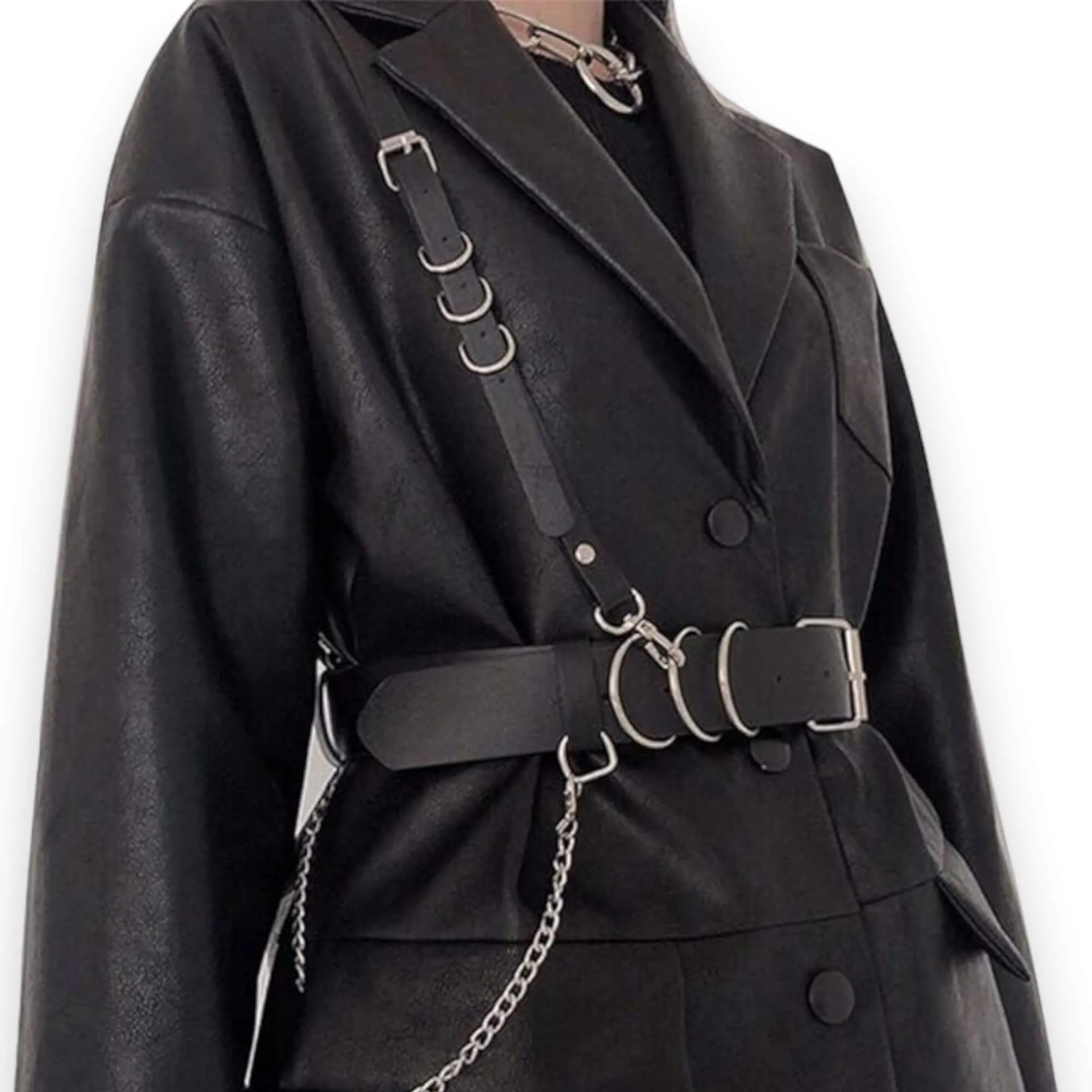 Black Wide Waist Chain Harness Belt