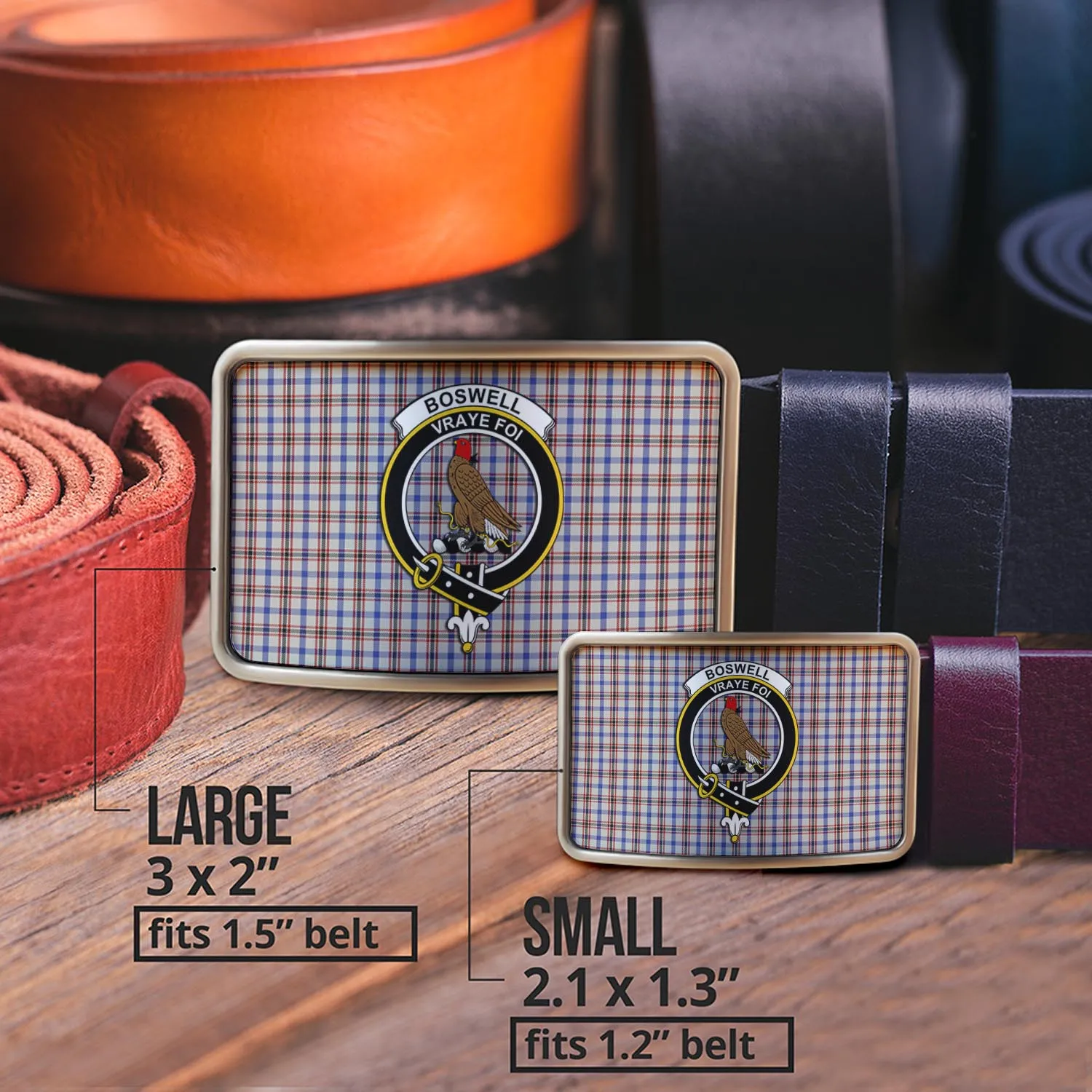 Boswell Tartan Belt Buckles with Family Crest