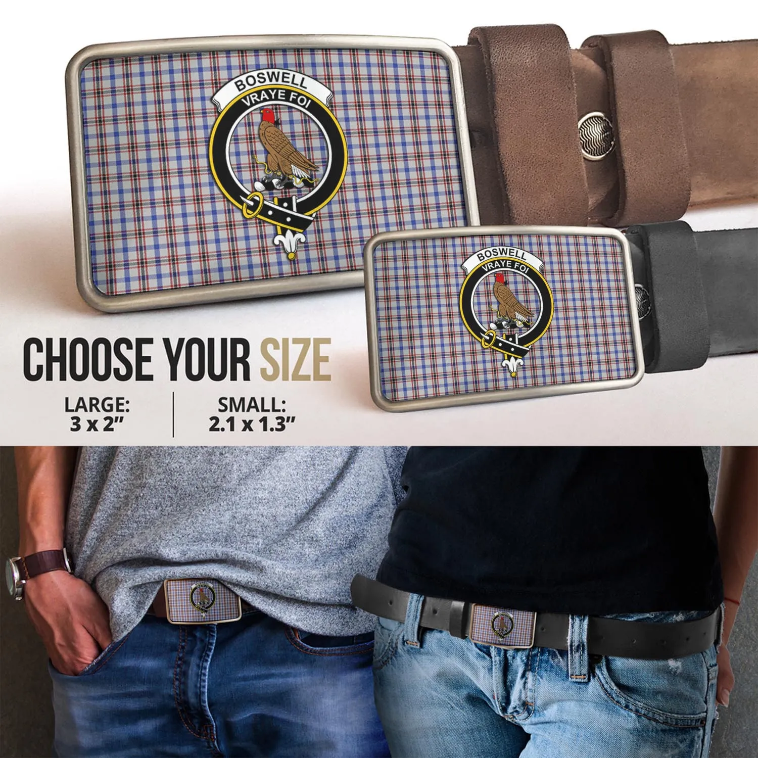 Boswell Tartan Belt Buckles with Family Crest