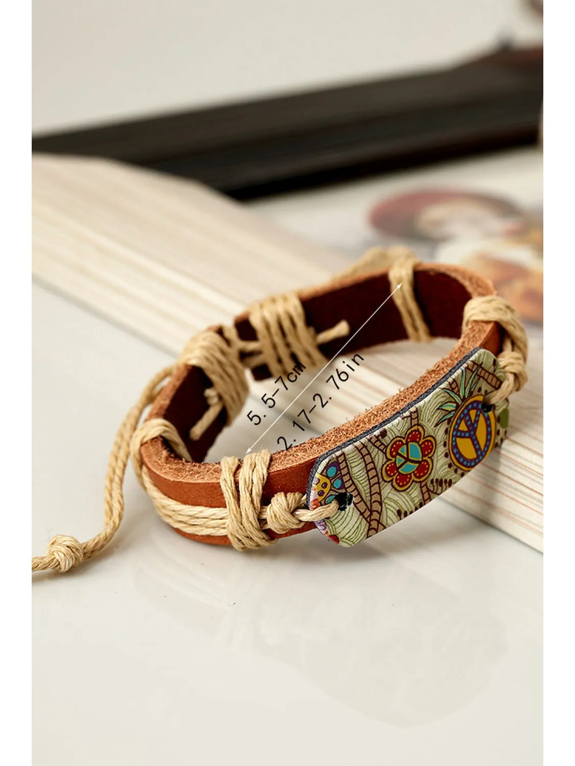 Cinnamon Vintage Boho Floral Printed Braided Rope Leather Bracelet