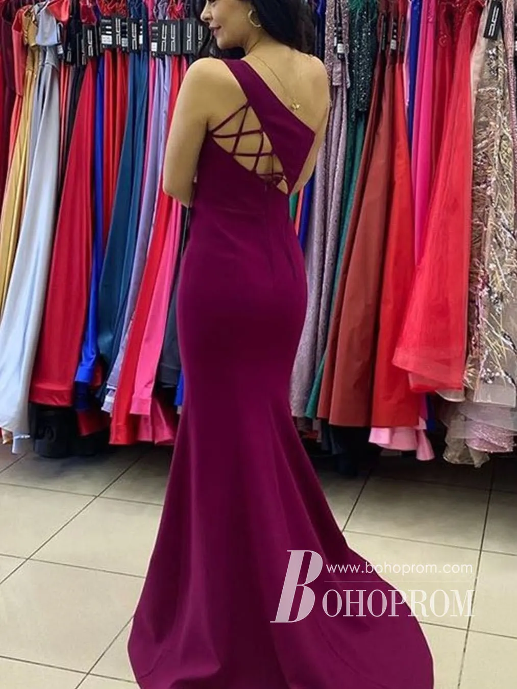 Elegant Satin One Shoulder Sweep Train Mermaid Long Prom Dresses PD829