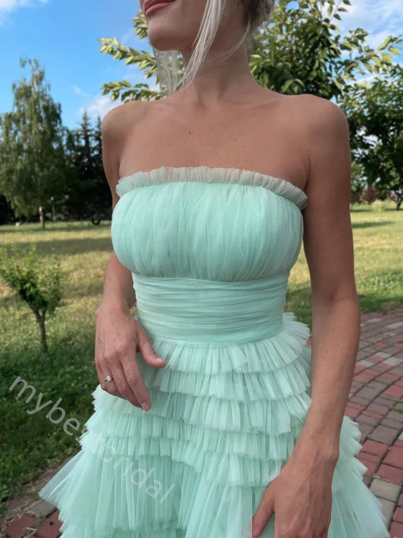 Elegant Strapless Sleeveless Ruffle A-line Floor Length Prom Dress,PDS11587