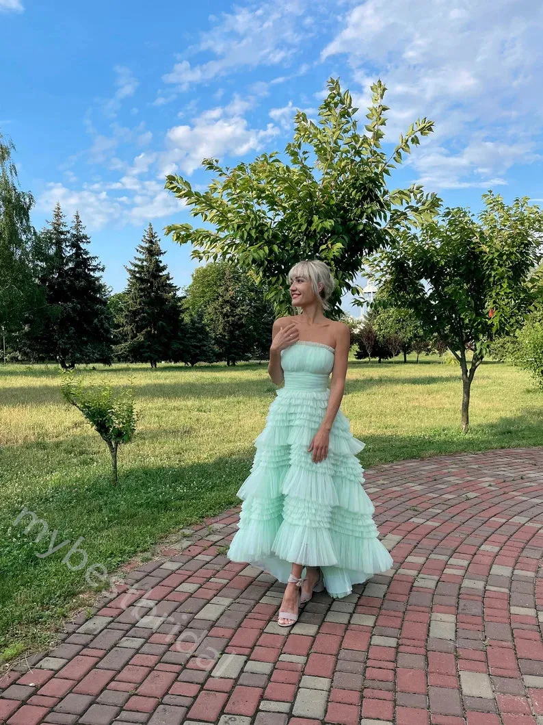 Elegant Strapless Sleeveless Ruffle A-line Floor Length Prom Dress,PDS11587