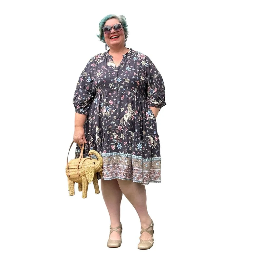Emma Dress in Purple & Cream Floral Horse Print
