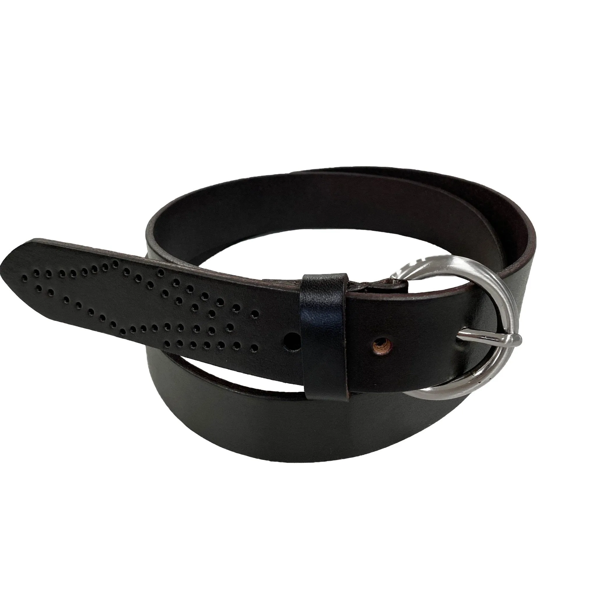 ESPERANCE - Women's Dark Brown Genuine Leather Belt with Round Silver Buckle