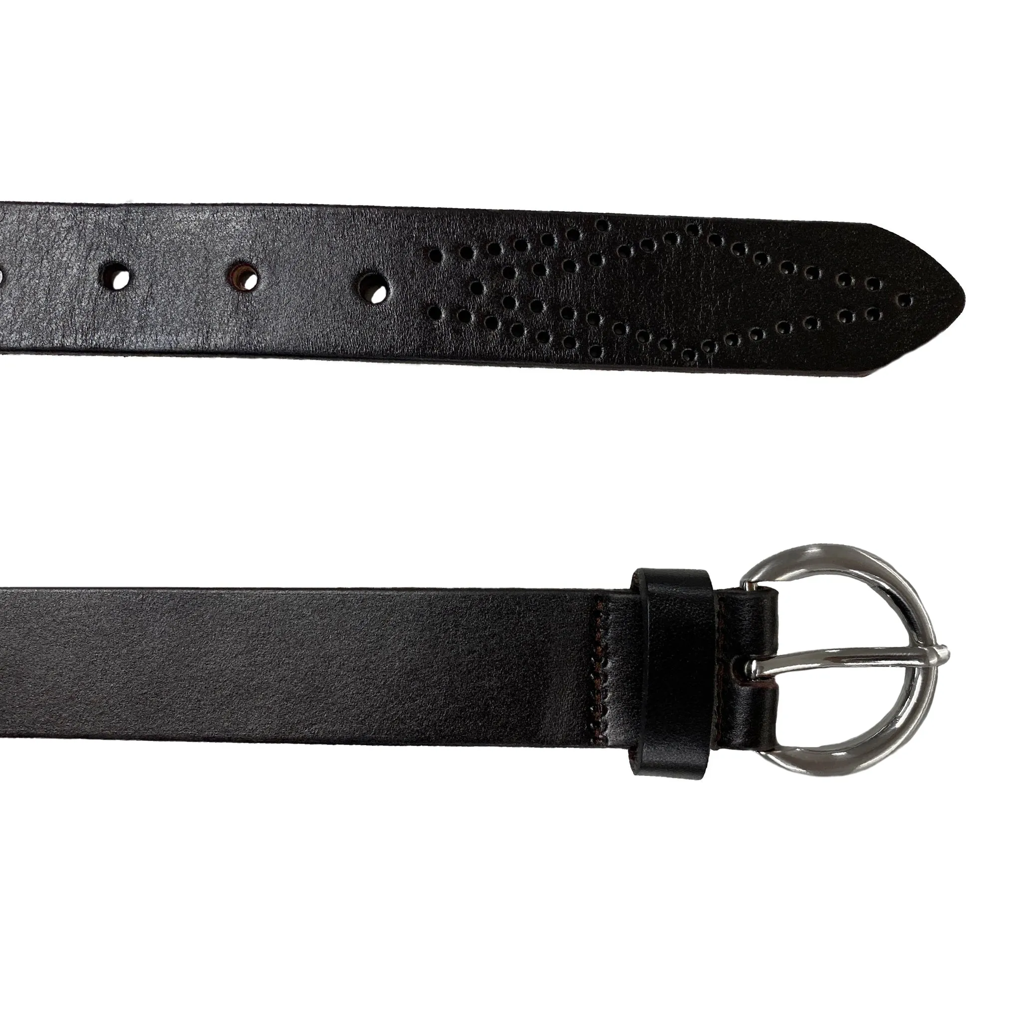 ESPERANCE - Women's Dark Brown Genuine Leather Belt with Round Silver Buckle