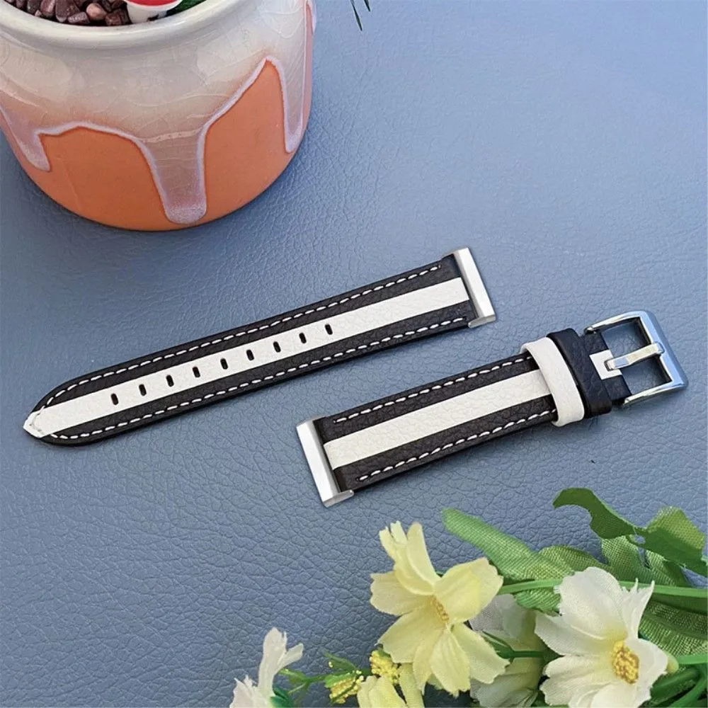 Fitbit Sense / Versa 3 splicing design cowhide leather watch strap - Black / White
