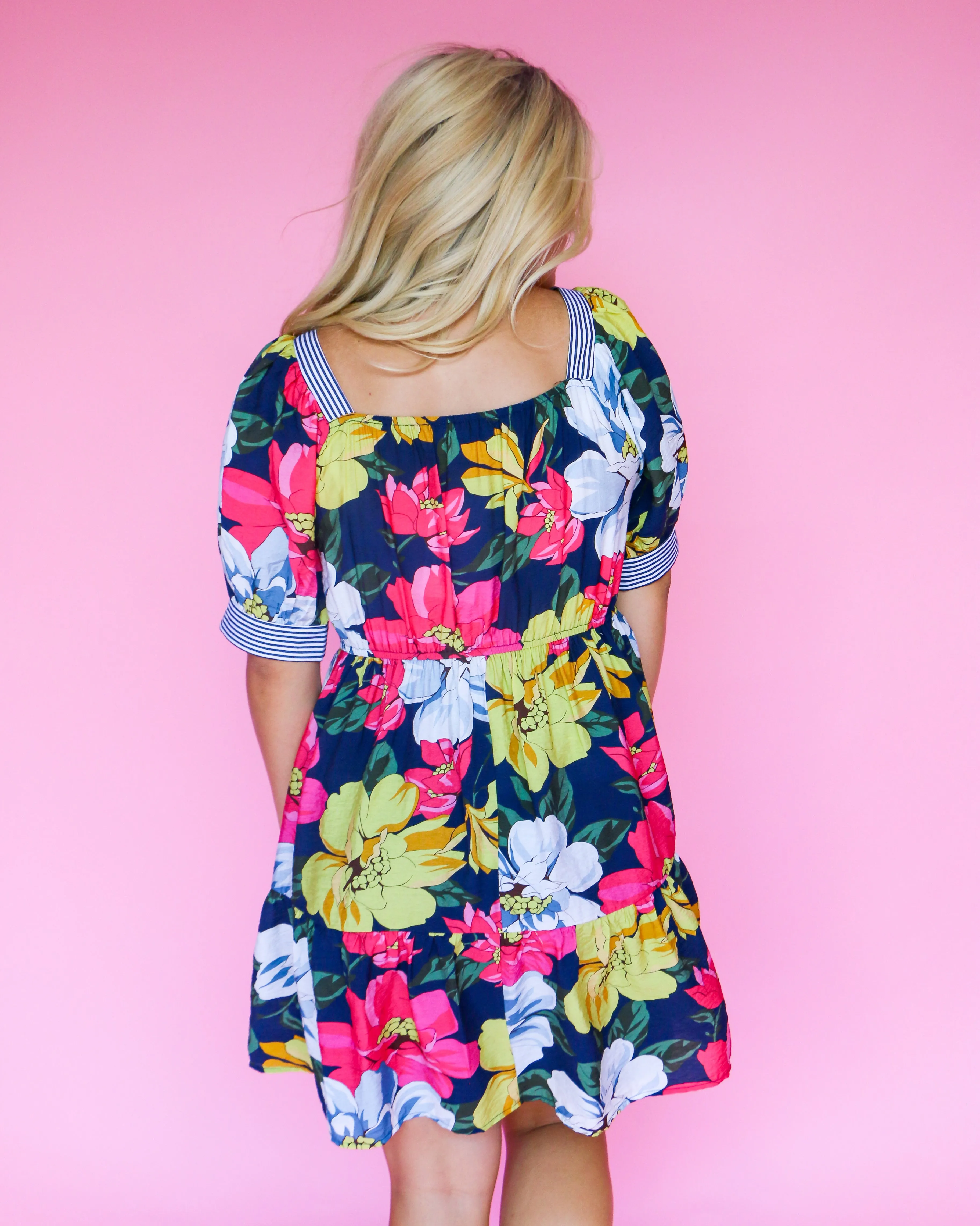 Floral Print Dress W/Stripe Trim