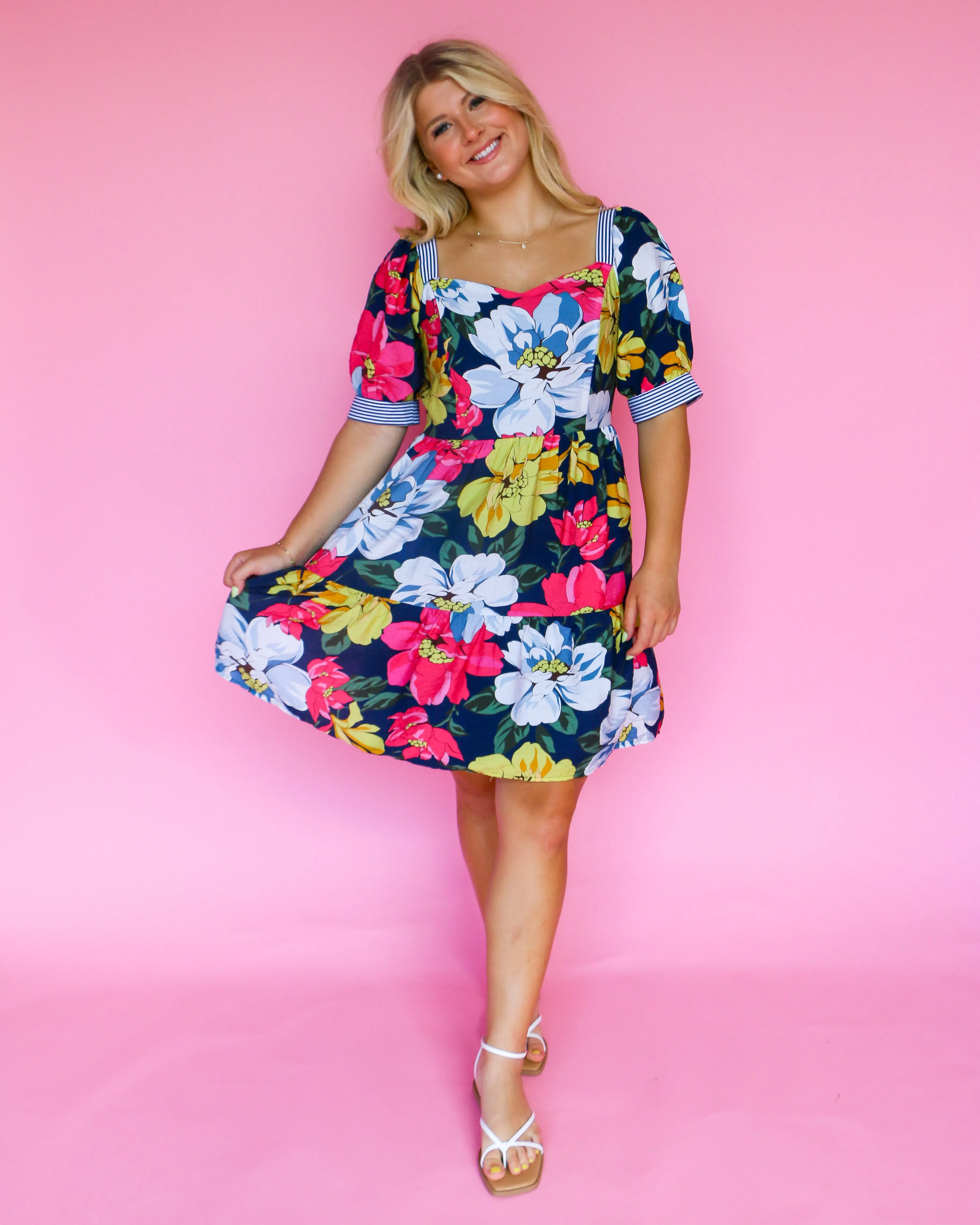 Floral Print Dress W/Stripe Trim