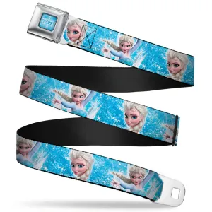 FROZEN Logo Full Color Blues Seatbelt Belt - Frozen Elsa Face/Action Pose/Snowflakes Blues/White Webbing