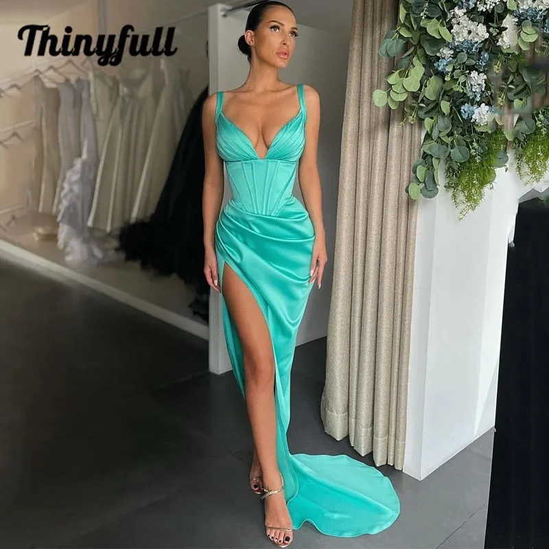 Graduation dress Sexy Prom Dresses 2022 V-neck Satin High Split Evening Dress Saudi Arabia Mermaid Sleeveless Long Cocktail Party Gown