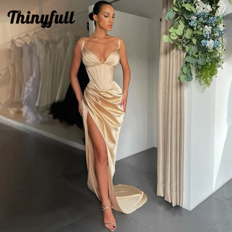Graduation dress Sexy Prom Dresses 2022 V-neck Satin High Split Evening Dress Saudi Arabia Mermaid Sleeveless Long Cocktail Party Gown