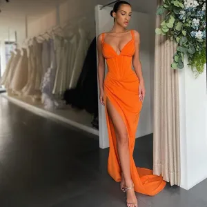 Graduation dress Sexy Prom Dresses 2022 V-neck Satin High Split Evening Dress Saudi Arabia Mermaid Sleeveless Long Cocktail Party Gown
