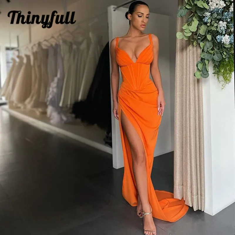 Graduation dress Sexy Prom Dresses 2022 V-neck Satin High Split Evening Dress Saudi Arabia Mermaid Sleeveless Long Cocktail Party Gown