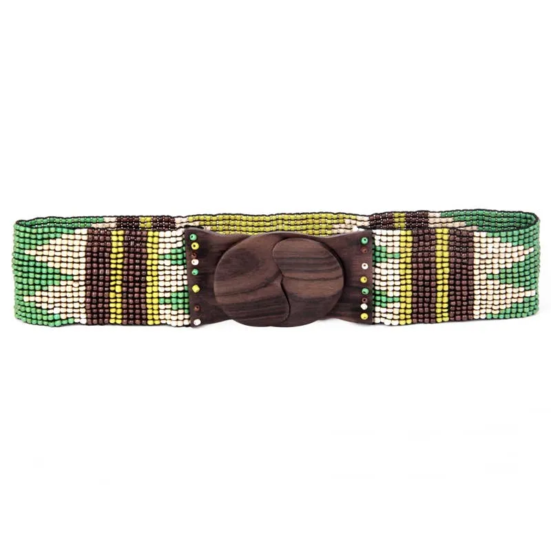 Hand loomed glass bead belt wood scroll in southwest design