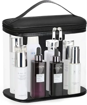 HAOGUAGUA Heavy Duty Leak Proof Clear Travel Bags for Toiletries, Transparent Makeup Cosmetic Bag with Zipper and Handle (Large, Black)