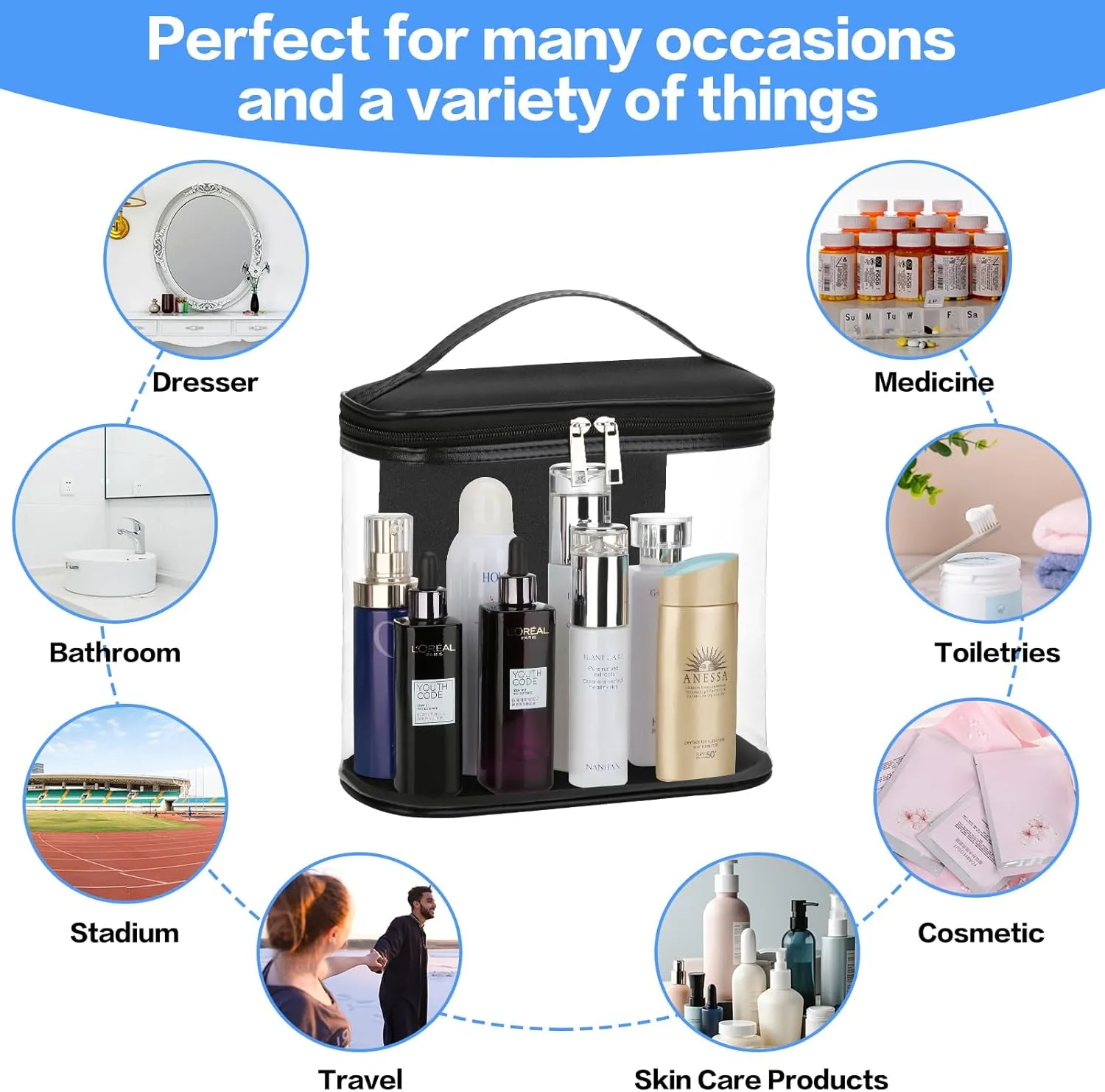 HAOGUAGUA Heavy Duty Leak Proof Clear Travel Bags for Toiletries, Transparent Makeup Cosmetic Bag with Zipper and Handle (Large, Black)