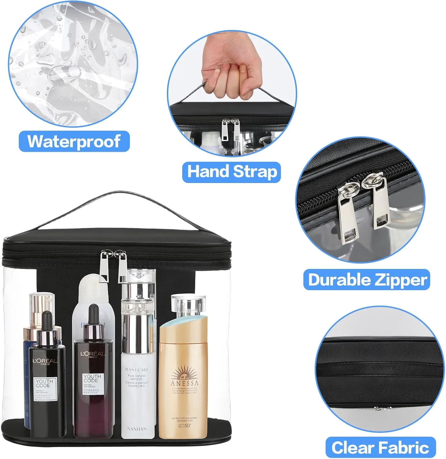 HAOGUAGUA Heavy Duty Leak Proof Clear Travel Bags for Toiletries, Transparent Makeup Cosmetic Bag with Zipper and Handle (Large, Black)