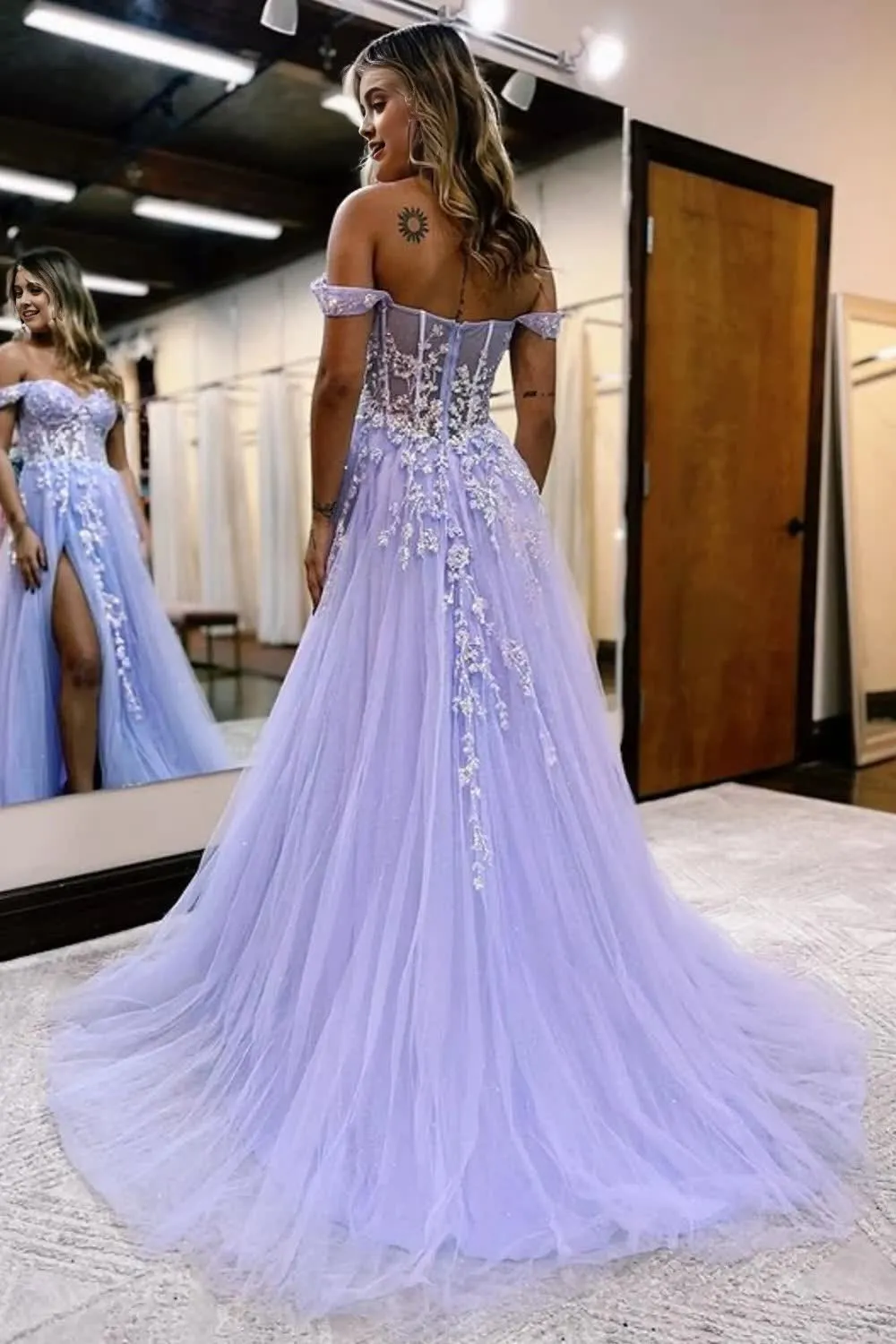 kamahe Sparkly Lilac Sequins Corset A-Line Long Prom Dress with Slit Formal Evening Dresses