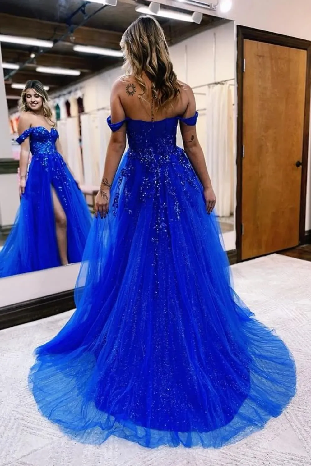 kamahe Sparkly Lilac Sequins Corset A-Line Long Prom Dress with Slit Formal Evening Dresses