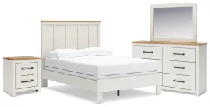 Linnocreek Full Panel Bed with Mirrored Dresser and Nightstand in White/Warm Brown