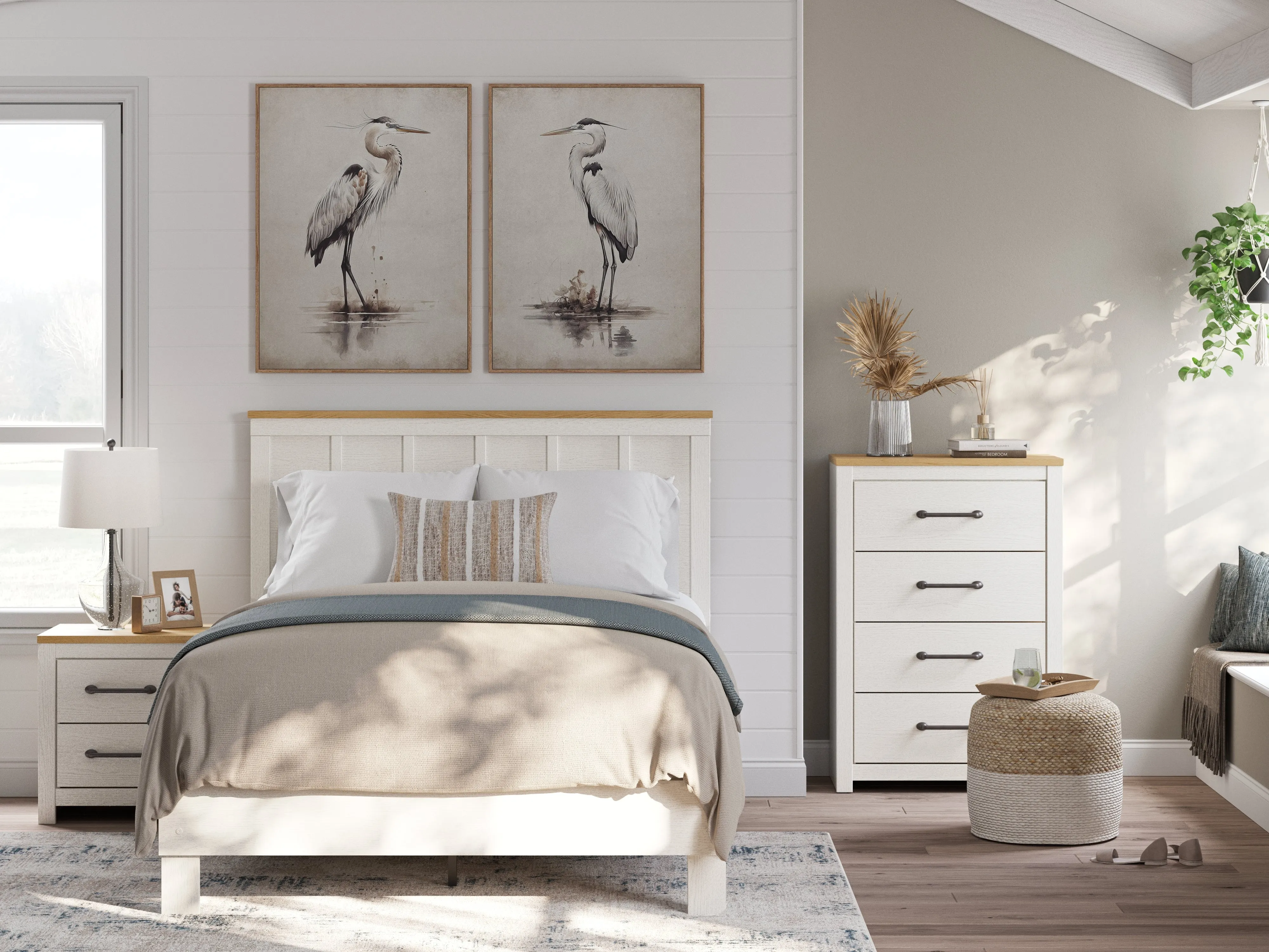 Linnocreek Queen Panel Bed with Dresser and 2 Nightstands in White/Warm Brown