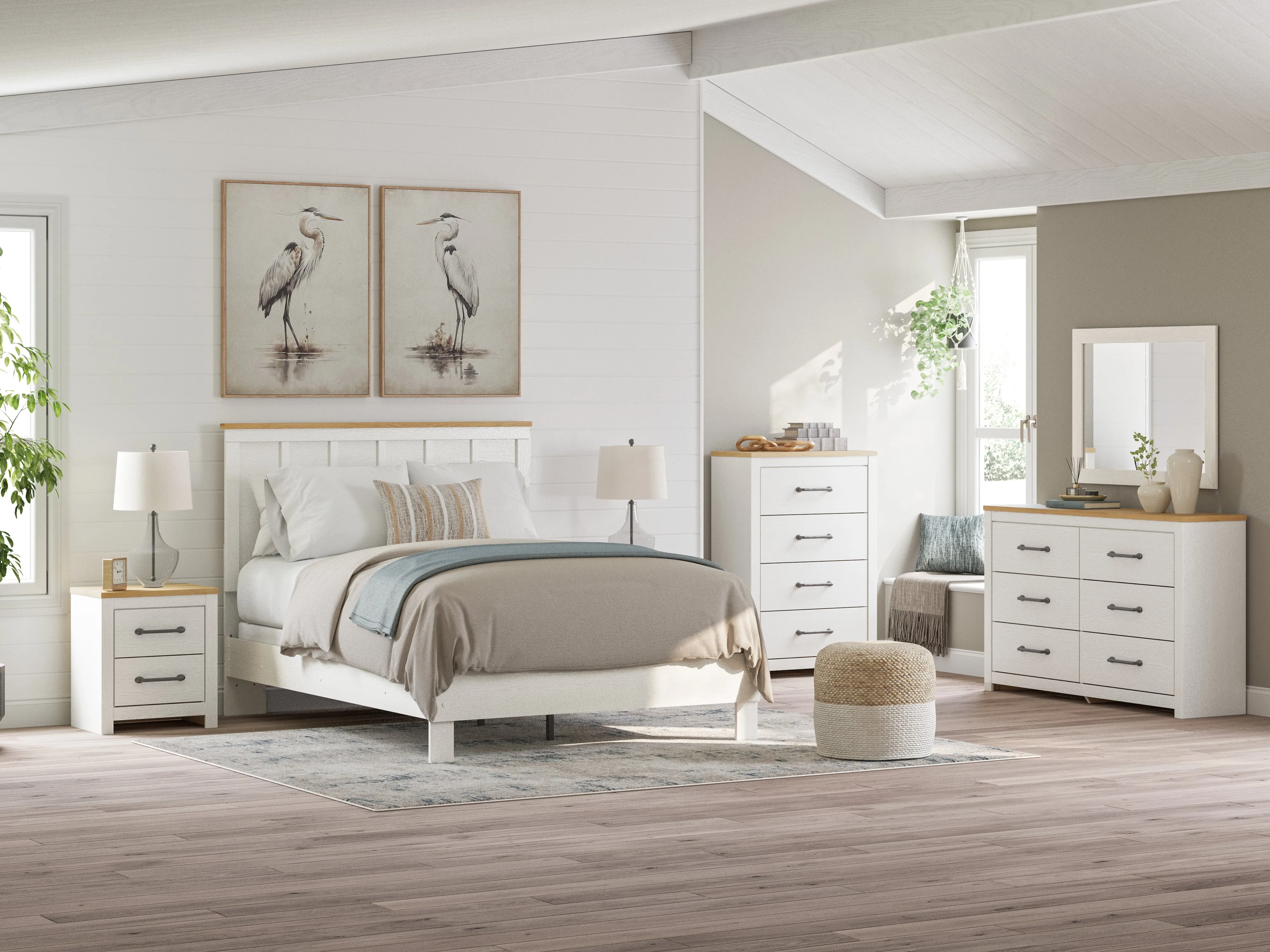 Linnocreek Queen Panel Bed with Dresser and 2 Nightstands in White/Warm Brown