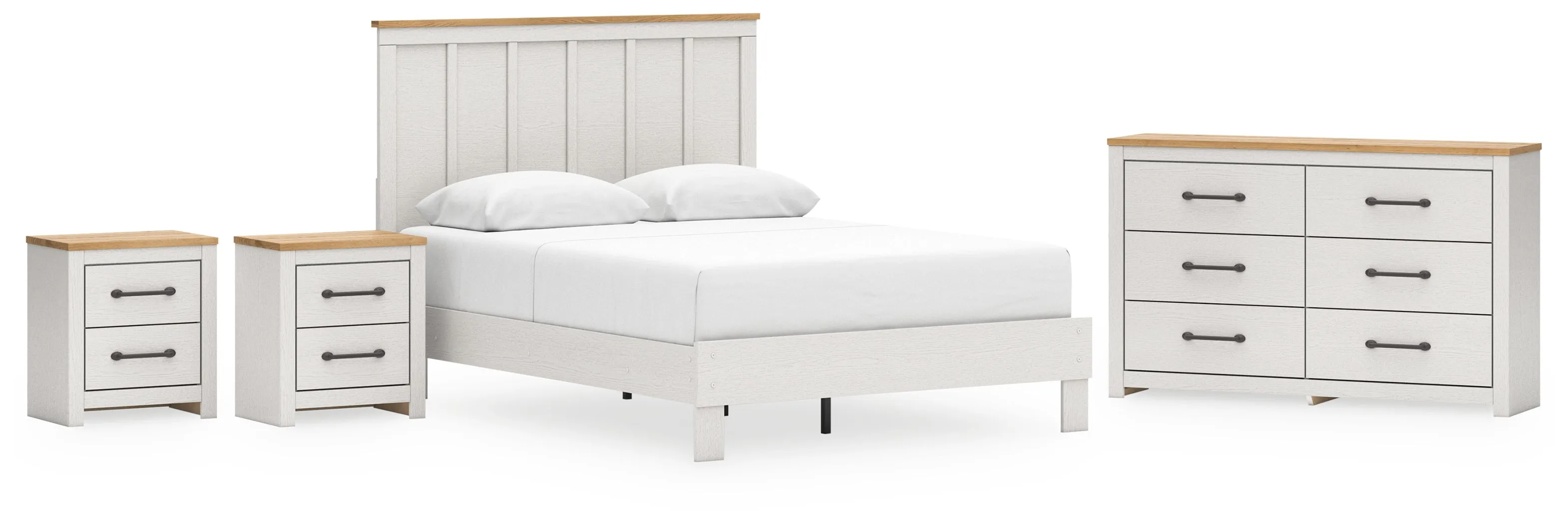 Linnocreek Queen Panel Bed with Dresser and 2 Nightstands in White/Warm Brown