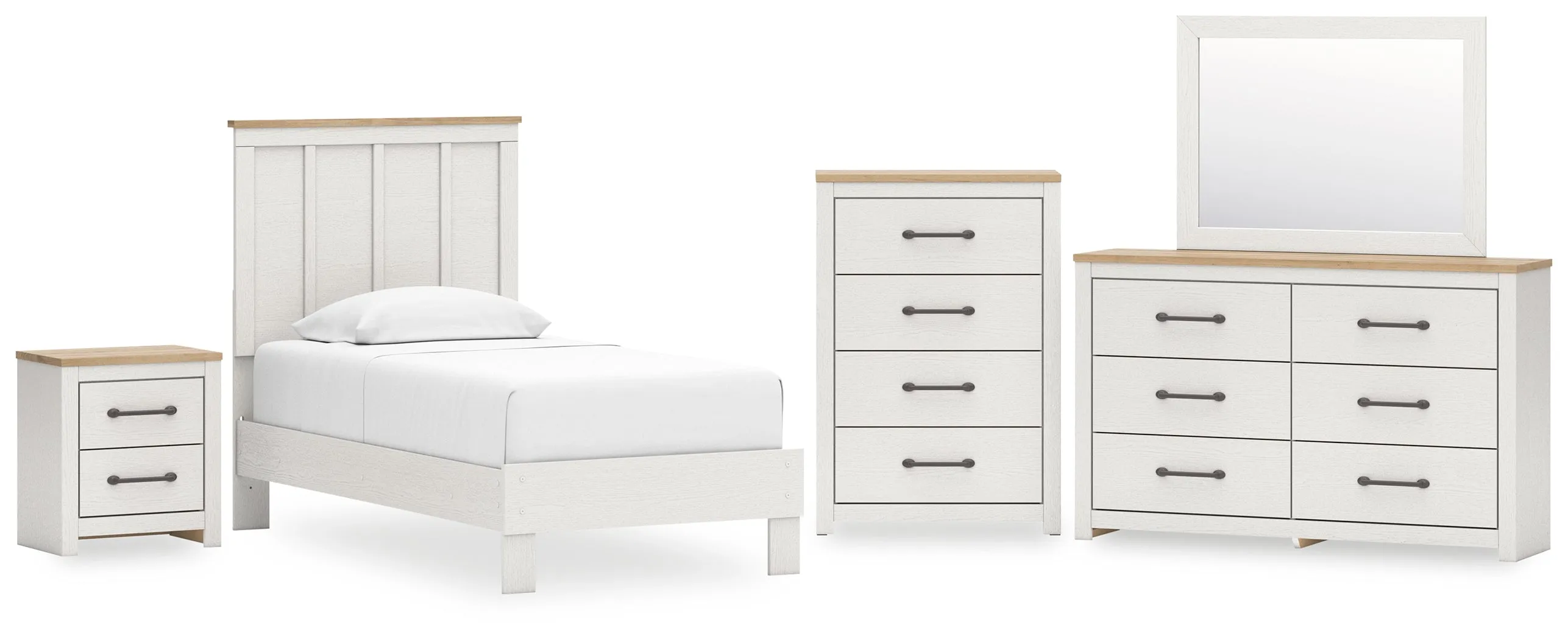 Linnocreek Twin Panel Bed with Mirrored Dresser, Chest and Nightstand in White/Warm Brown