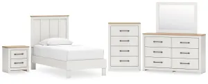 Linnocreek Twin Panel Bed with Mirrored Dresser, Chest and Nightstand in White/Warm Brown