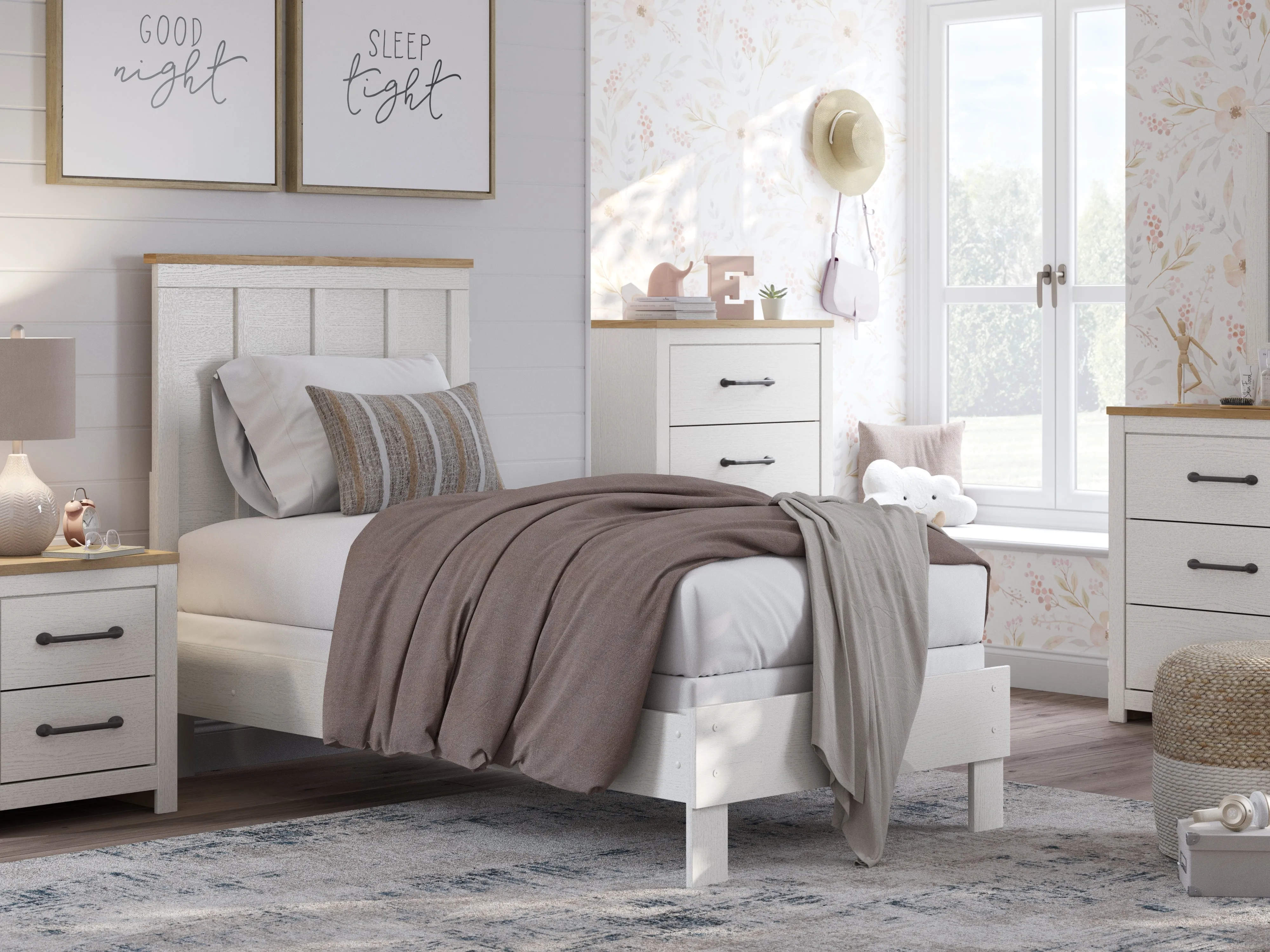 Linnocreek Twin Panel Bed with Mirrored Dresser, Chest and Nightstand in White/Warm Brown