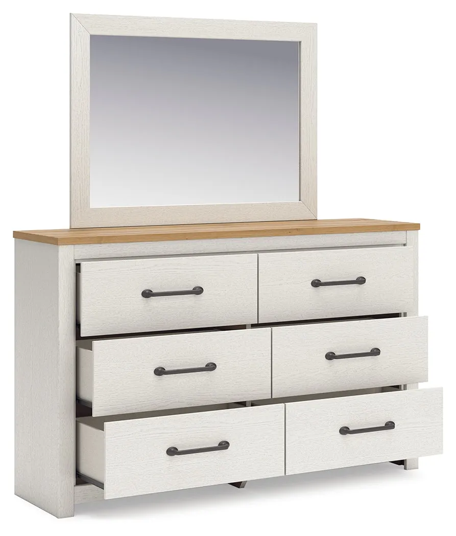 Linnocreek Twin Panel Bed with Mirrored Dresser in White/Warm Brown