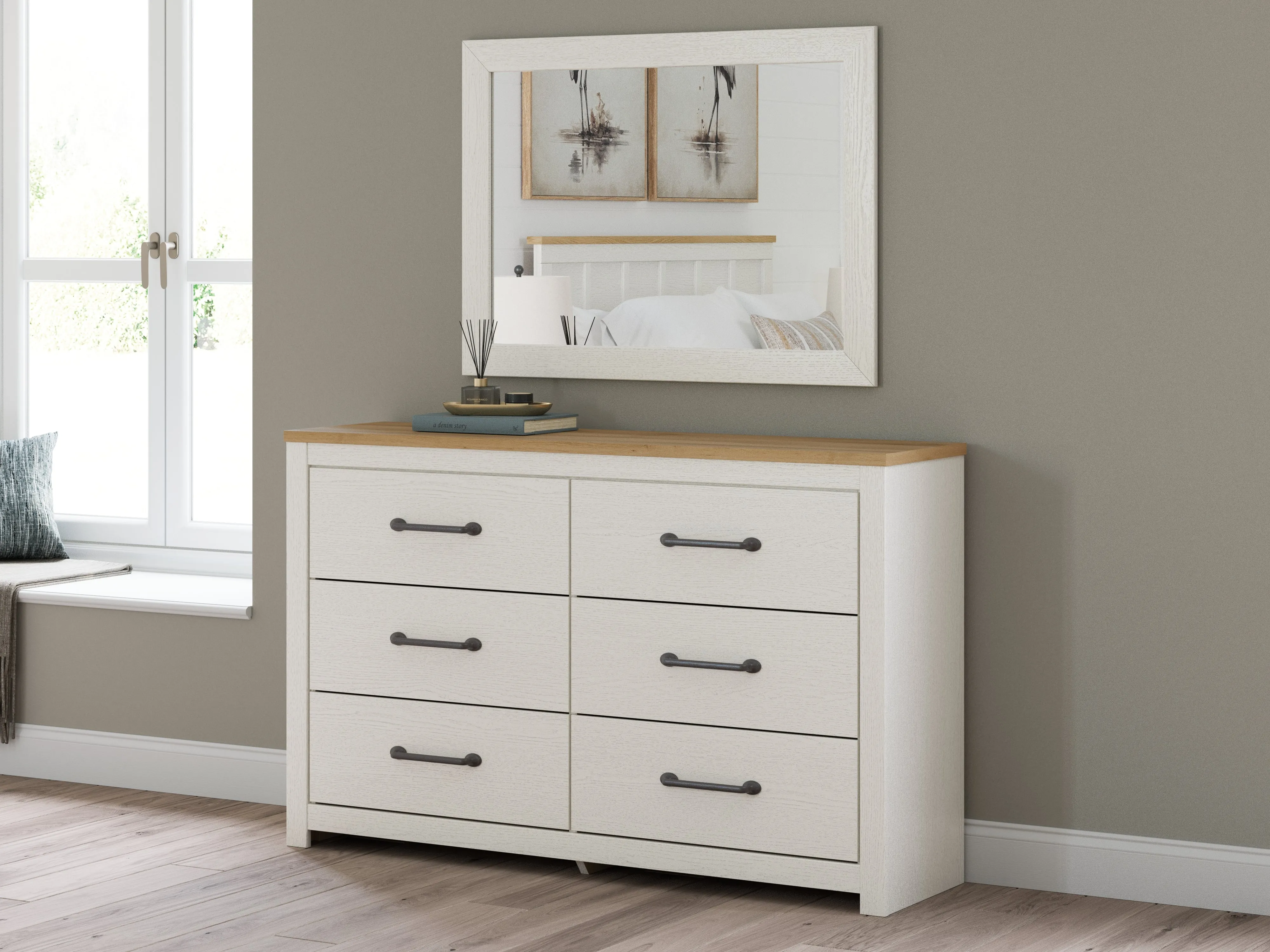 Linnocreek Twin Panel Bed with Mirrored Dresser in White/Warm Brown