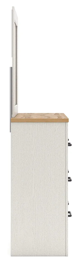 Linnocreek Twin Panel Bed with Mirrored Dresser in White/Warm Brown