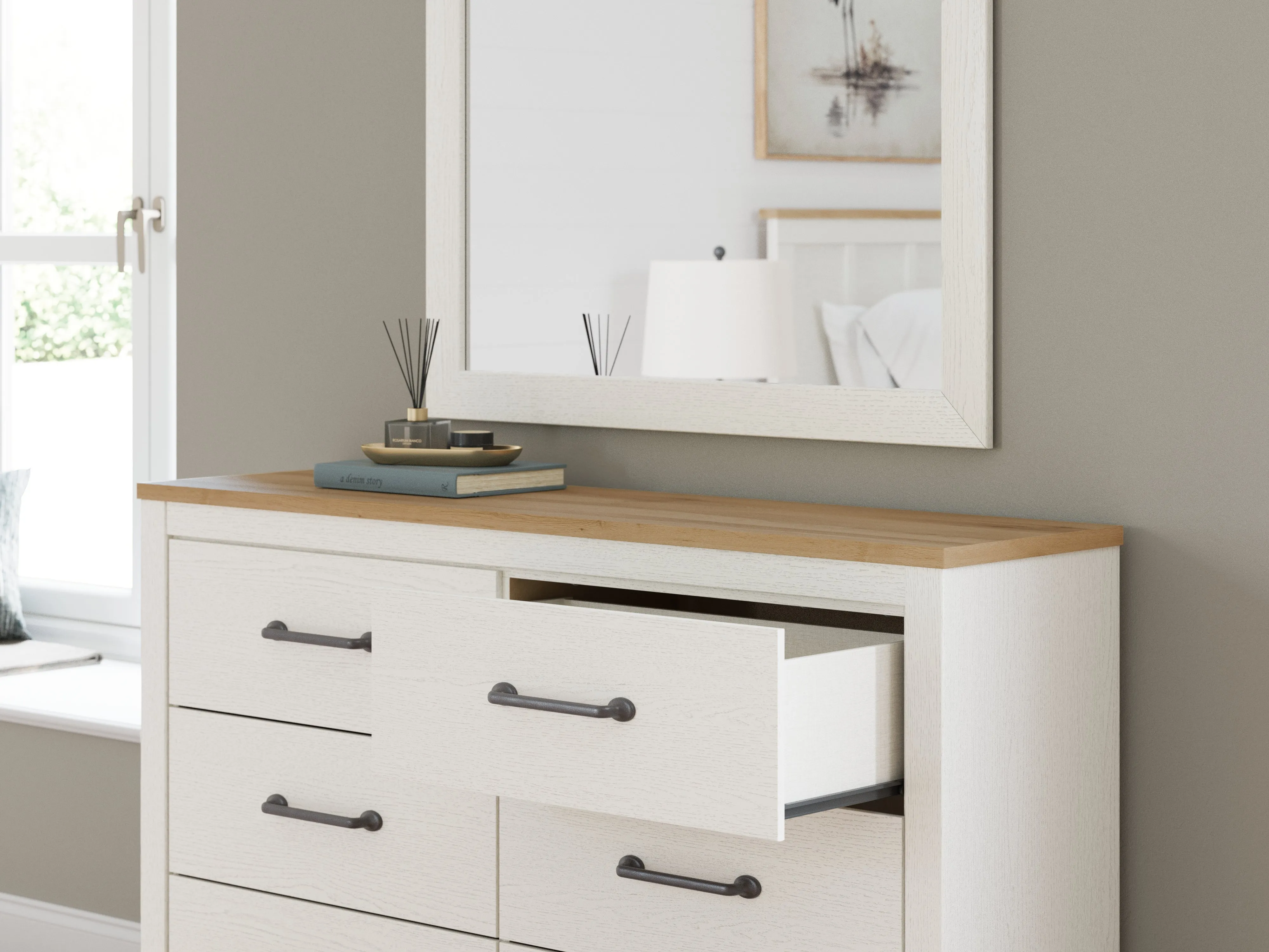 Linnocreek Twin Panel Bed with Mirrored Dresser in White/Warm Brown