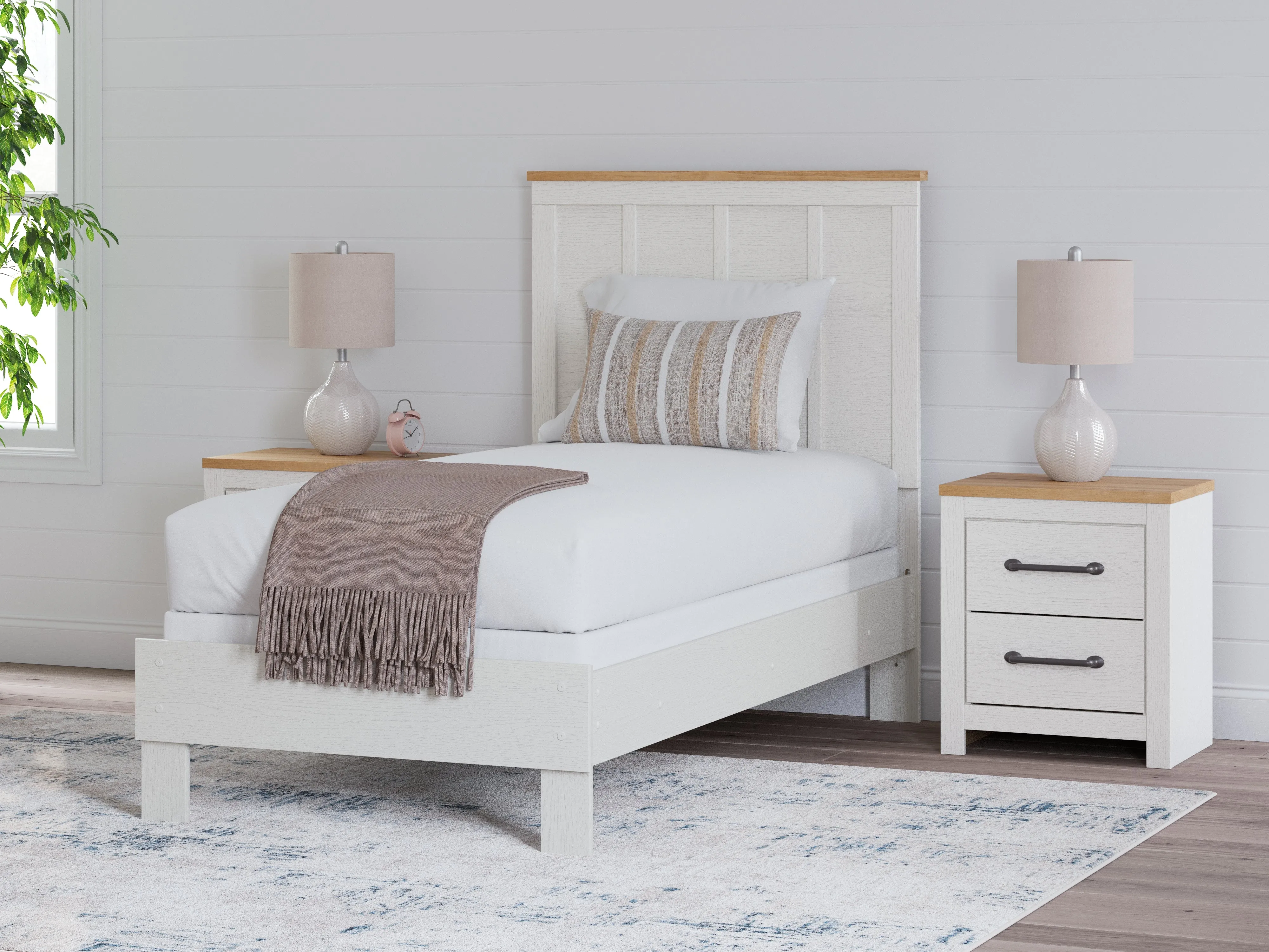 Linnocreek Twin Panel Bed with Mirrored Dresser in White/Warm Brown