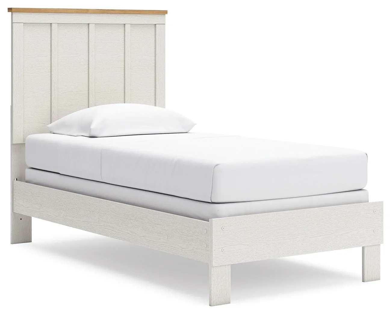 Linnocreek Twin Panel Bed with Mirrored Dresser in White/Warm Brown